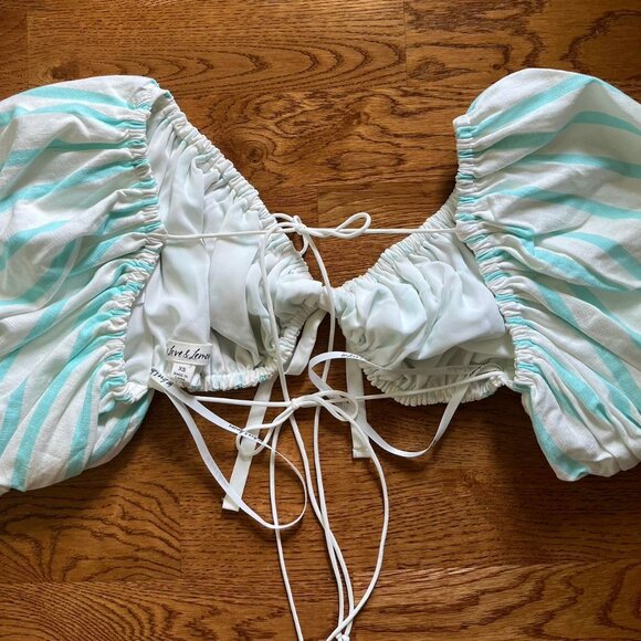 For Love & Lemons Women's Blue and White Blouse Crop Top Linen Tie Open Back - Picture 3 of 3